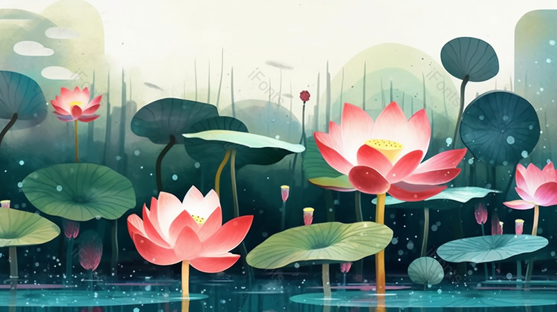 夏季池塘里盛开的莲花,插画/手绘图,插画/手绘图库,插画/手绘图下载,插画/手绘